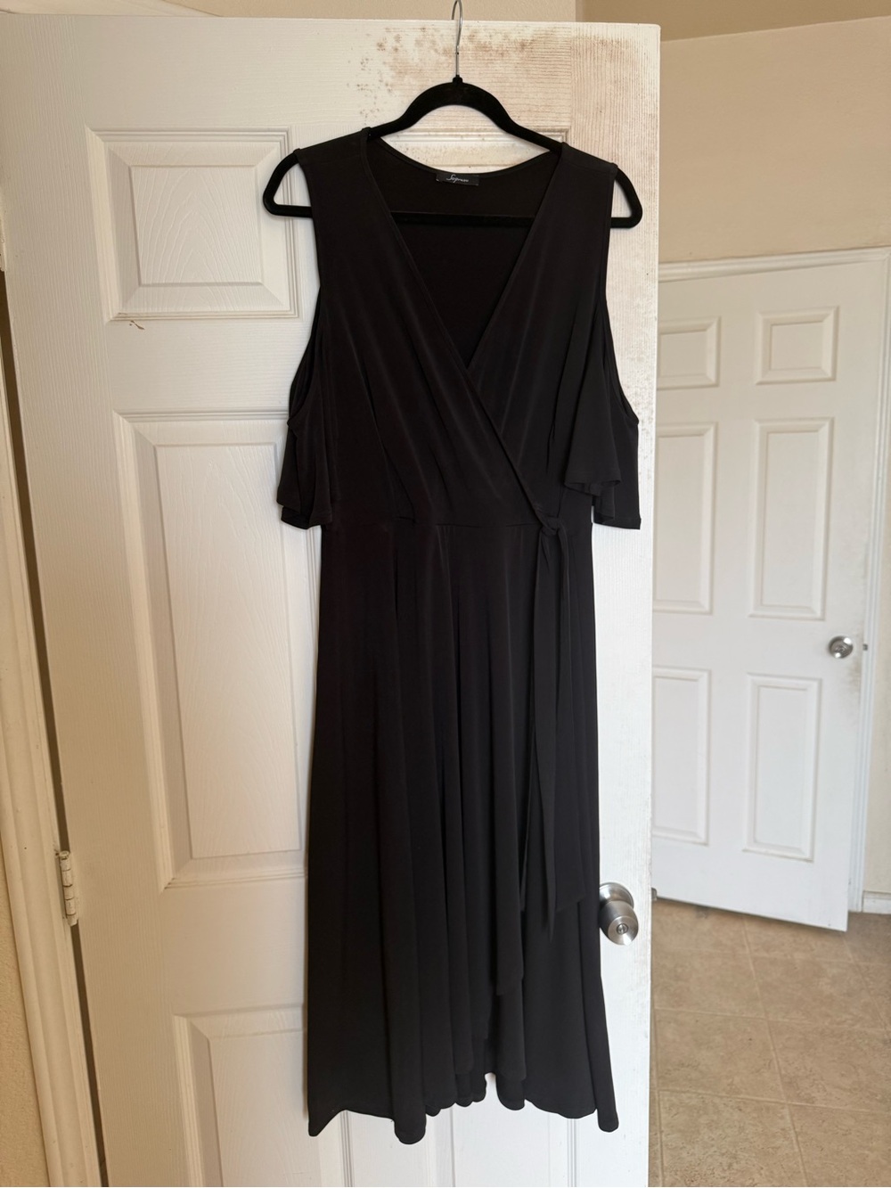 Soprano Black Cold-Shoulder Wrap Midi Dress